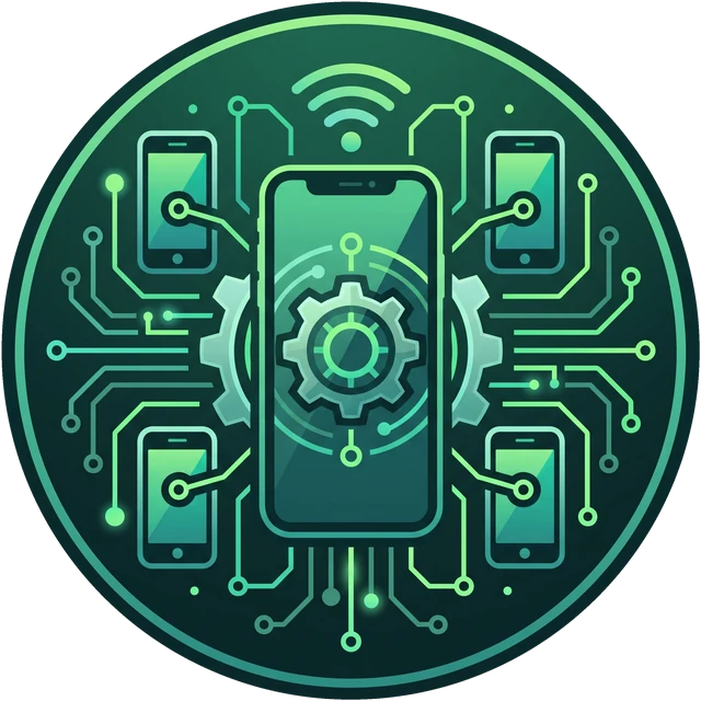 FoneFarm emblem: one phone wired to four others on a circuit board